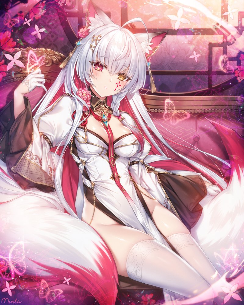 1girl ahoge animal_ear_fluff animal_ears bug butterfly commission couch cross-shaped_pupils dress flower fox_ears fox_tail gloves grey_hair hair_flower hair_ornament half_gloves heterochromia looking_at_viewer munlu_(wolupus) no_panties original pelvic_curtain pink_flower pink_rose red_eyes rose sitting skeb_commission solo symbol-shaped_pupils tail thigh-highs thighs white_dress white_gloves white_thighhighs wide_sleeves yellow_eyes