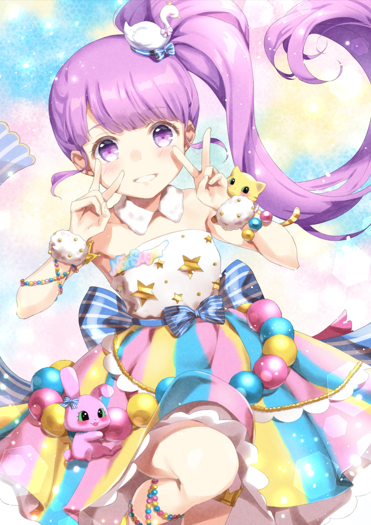 1girl :d bare_shoulders bird_hair_ornament blunt_bangs blush commentary_request detached_collar double_v dress hair_ornament hands_up idol_clothes long_hair looking_at_viewer manaka_non open_mouth pretty_series pripara purple_hair side_ponytail smile solo standing standing_on_one_leg star_(symbol) star_print strapless strapless_dress unya_(unya-unya) v violet_eyes wrist_cuffs