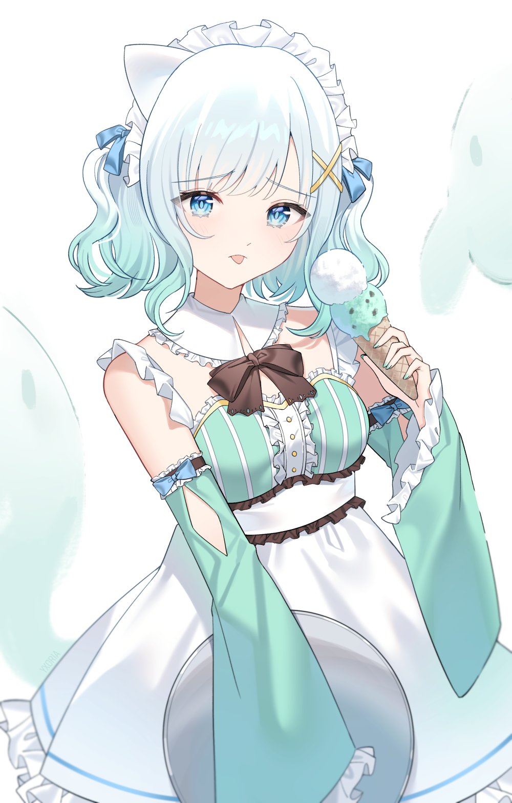 1girl apron black_ribbon blue_eyes blue_ribbon detached_collar detached_sleeves dress food frilled_dress frilled_sleeves frills ghost ghost_girl gradient_hair green_dress green_hair green_nails hair_ornament highres holding holding_food holding_ice_cream holding_plate ice_cream indie_virtual_youtuber long_sleeves looking_at_viewer maid maid_apron maid_headdress mint_fantome multicolored_hair plate ribbon sleeves_past_wrists solo tongue tongue_out triangular_headpiece two_side_up umireki virtual_youtuber white_background white_hair x_hair_ornament