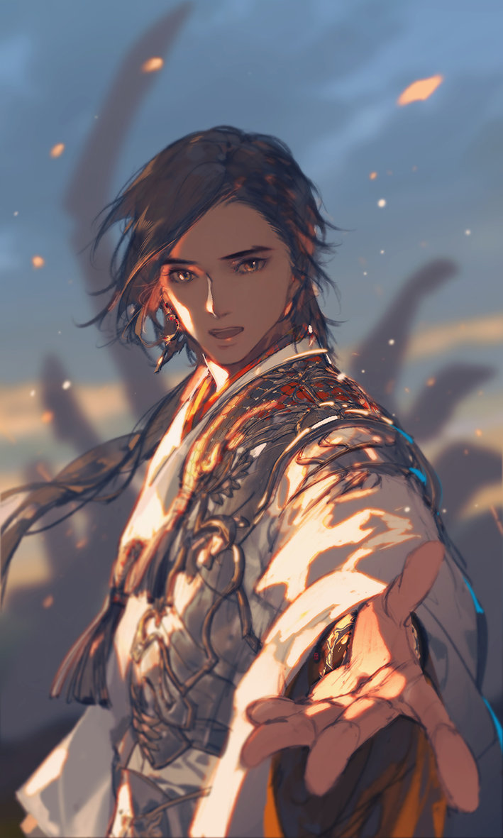 1boy armor army black_hair blue_sky blurry blurry_background breastplate brown_eyes clouds cloudy_sky cowboy_shot embers ibuki_satsuki long_hair long_sleeves looking_at_viewer low_ponytail male_focus open_mouth original outdoors outstretched_arm reaching reaching_towards_viewer robe sky sleeves_past_wrists solo sunset teeth thick_eyebrows upper_teeth_only very_long_hair white_robe white_sleeves wide_sleeves