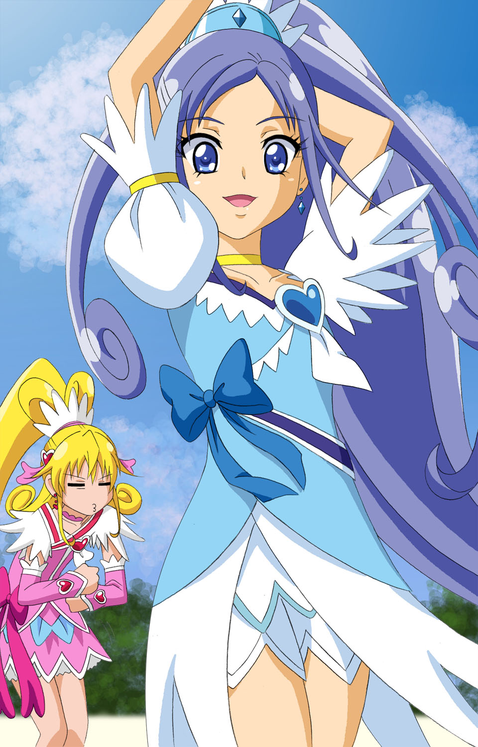2girls aida_mana arm_warmers arms_up blonde_hair blue_bow blue_eyes blue_hair blue_sky bow bracelet brooch choker clouds cloudy_sky collarbone cure_diamond cure_heart dancing dokidoki!_precure earrings forest fuchi_(nightmare) hair_ornament heart heart_brooch heart_hair_ornament high_ponytail highres hishikawa_rikka jewelry long_hair looking_at_viewer magical_girl multiple_girls nature open_mouth outdoors pink_arm_warmers pink_bow pink_choker pink_sleeves pink_wrist_cuffs ponytail precure puffy_sleeves sky smile waist_bow wide_ponytail wrist_cuffs yellow_choker