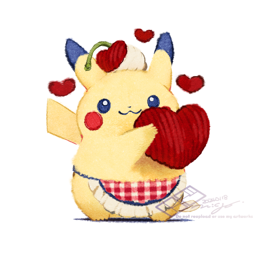 :3 apron bright_pupils cherry closed_mouth dated faux_traditional_media food food_on_head fruit full_body heart holding holding_heart looking_at_viewer n:go no_humans object_on_head pikachu plaid plaid_apron pokemon pokemon_(creature) signature simple_background solo standing waist_apron white_background white_pupils