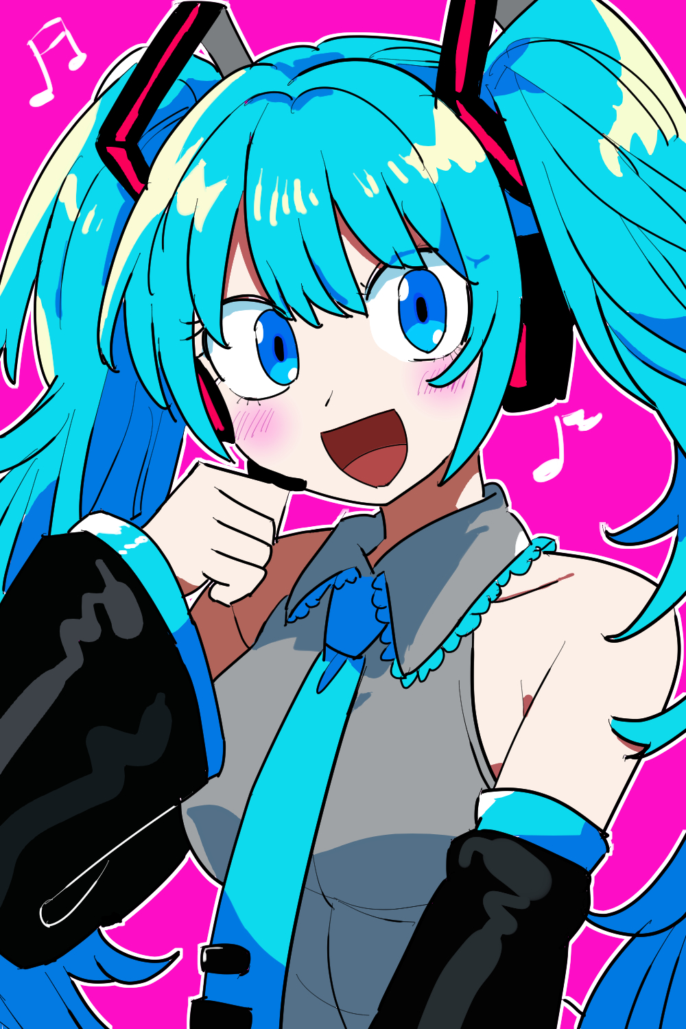 1girl blue_eyes blue_hair blush bollzzalguy collared_shirt detached_sleeves hatsune_miku headphones highres long_hair long_sleeves musical_note necktie open_mouth pink_background shirt sleeveless sleeveless_shirt smile solo tie_clip twintails upper_body very_long_hair vocaloid