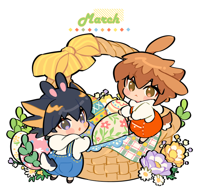2boys alternate_costume animal_ears arms_up basket black_hair blue_eyes blue_overalls blush_stickers bow brown_hair chibi chinese_commentary commentary_request daisy easter easter_egg egg flower fudou_yuusei full_body gingham hair_between_eyes hood hood_down hoodie in-franchise_crossover jiayu_long kemonomimi_mode leaf looking_back male_focus multicolored_hair multiple_boys overalls pink_flower purple_flower rabbit_boy rabbit_ears rabbit_tail red_overalls short_hair sidelocks spiky_hair spring_(season) standing streaked_hair tail white_background white_flower wicker_basket yellow_bow yellow_flower yu-gi-oh! yu-gi-oh!_5d's yu-gi-oh!_gx yuuki_juudai
