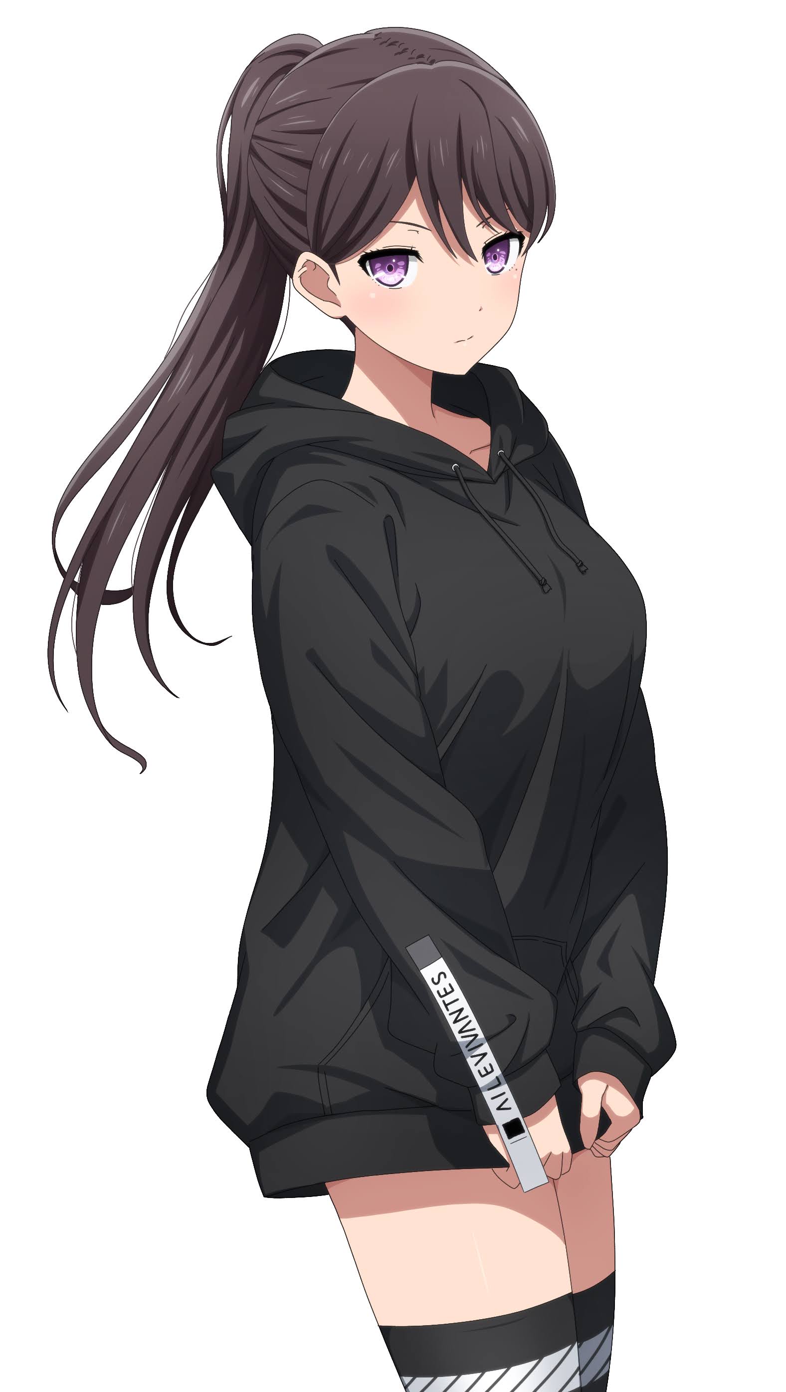 1girl absurdres bang_dream! bang_dream!_it's_mygo!!!!! black_hair black_hoodie black_thighhighs breasts closed_mouth commentary hair_between_eyes highres hood hood_down hoodie long_hair long_sleeves looking_at_viewer medium_breasts noshimurin official_alternate_costume ponytail shiina_taki simple_background solo thigh-highs violet_eyes white_background zettai_ryouiki