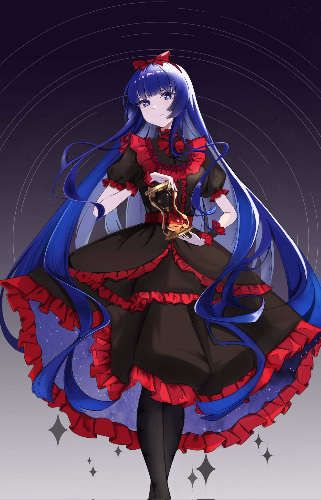 1girl alternate_costume bangs black_clothes black_dress black_legwear black_pantyhose black_souls black_wrist_cuffs blue_eyebrows blue_eyelashes blue_eyes blue_hair blunt_bangs bow bowtie breasts closed_mouth clothing colored_background colored_pupils dress eyebrows eyebrows_behind_hair eyelashes facing_viewer feet_out_of_frame female female_only female_solo footwear frilled_dress frills full_color gloves gothic_lolita gradient gradient_background grey_background hair_bow hair_ornament hairband head_tilt headwear highres holding_hourglass hourglass legs_together legwear lolita_fashion long_hair looking_at_viewer mabel_(black_souls) medium_breasts multicolored_background neckwear pantyhose puffy_short_sleeves puffy_sleeves red_bow red_bowtie red_frills red_hair_bow red_hairband red_headwear red_neckwear red_ribbon ribbon sand short_sleeves smile solo standing star star-shaped_pupils starry_clothing stars symbol-shaped_pupils very_long_hair whisperdream049 wrist_cuffs yellow_pupils