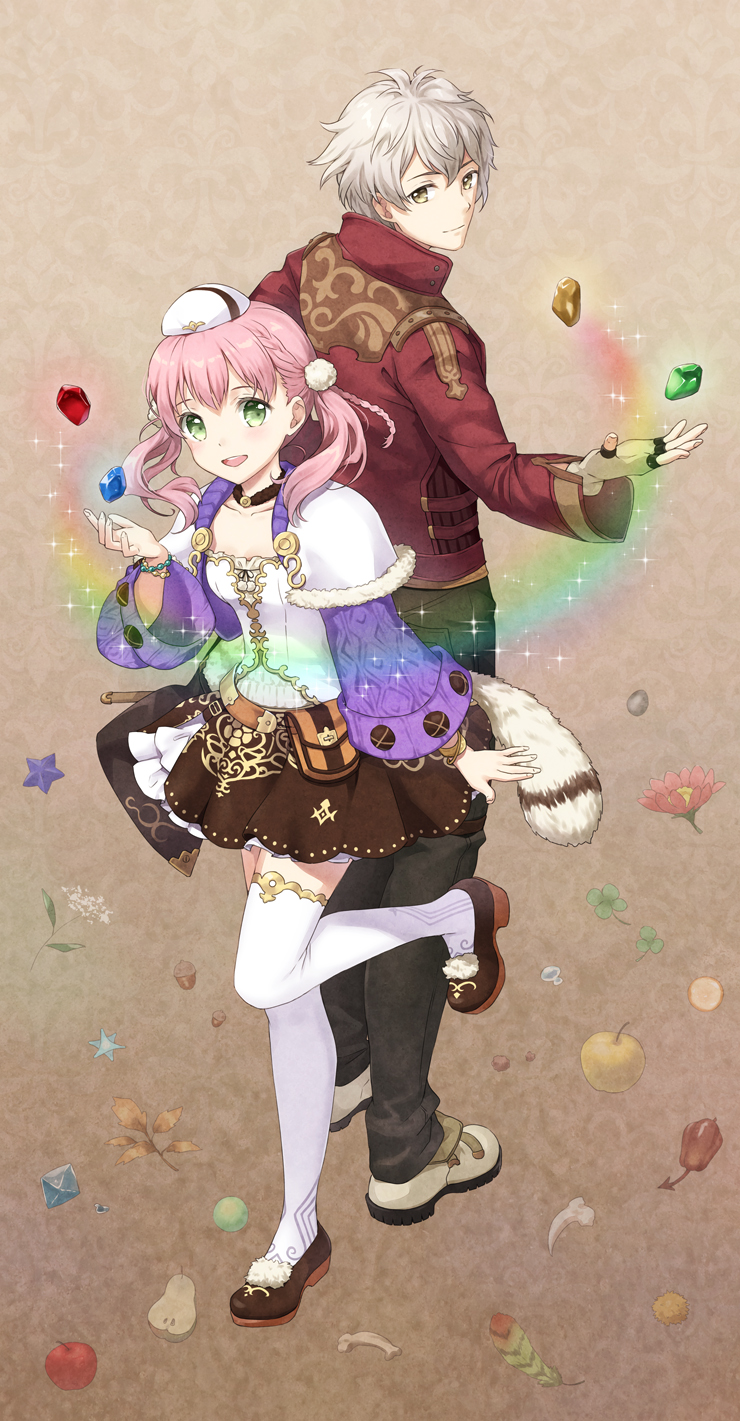 1boy 1girl apple atelier_(series) atelier_escha_&amp;_logy back-to-back black_pants bone bracelet brown_background brown_footwear brown_skirt commentary_request escha_malier feathers fingerless_gloves floating floating_object flower food fruit full_body gem gloves green_eyes hand_up hat highres jacket jewelry logix_ficsario long_hair long_sleeves looking_at_viewer looking_back mini_hat open_mouth pants pear pink_hair rainbow red_apple red_flower red_jacket shirt shoes short_hair skirt smile standing standing_on_one_leg thigh-highs twintails unya_(unya-unya) white_flower white_hair white_hat white_shirt white_thighhighs yellow_eyes