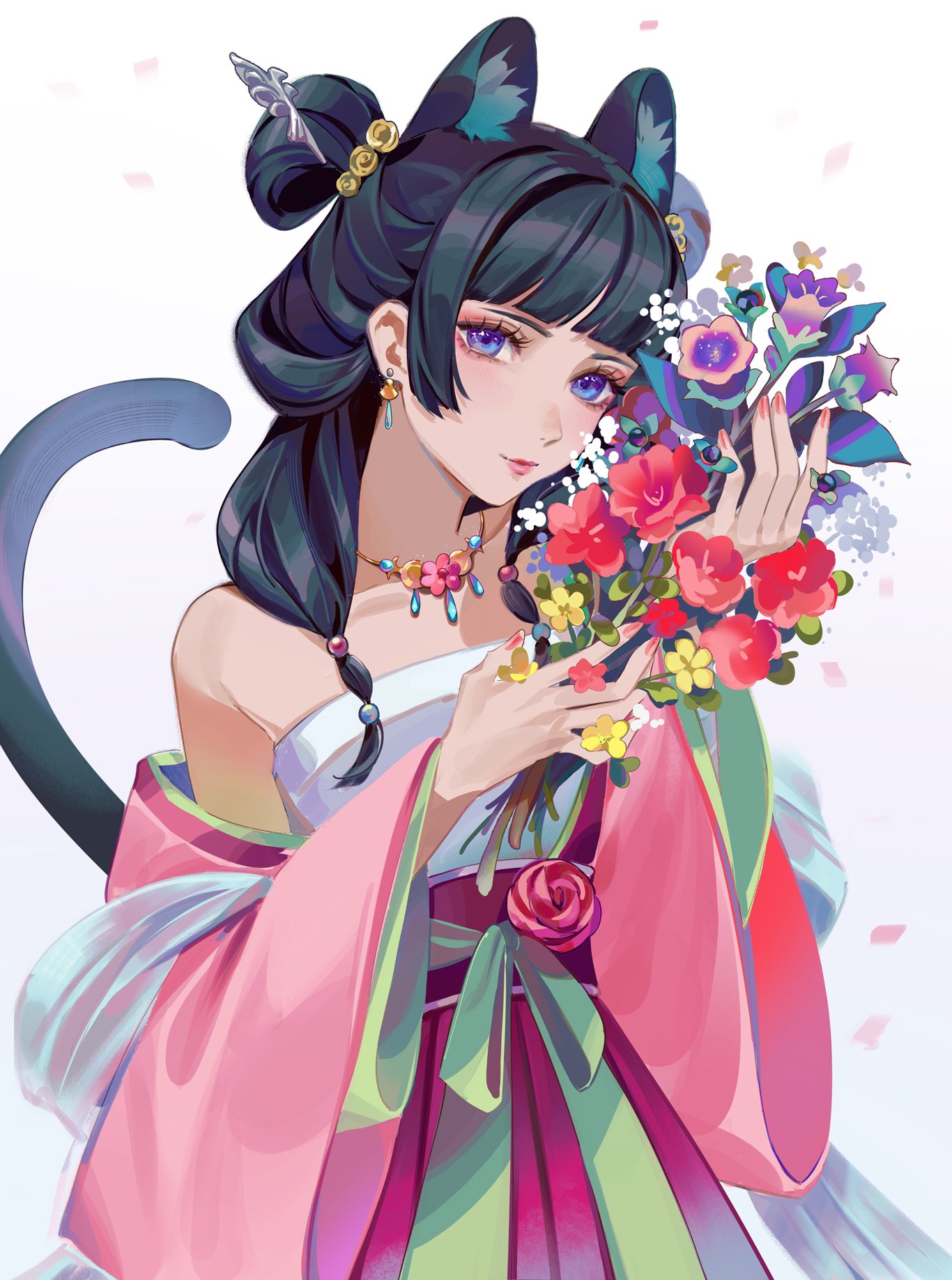 1girl animal_ear_fluff animal_ears blue_eyes blunt_bangs bouquet cat_ears cat_tail chinese_clothes commentary earrings english_commentary eyelashes flower flower_necklace green_hair green_robe hair_ornament hair_over_shoulder hairpin half_updo hands_up highres holding holding_bouquet jewelry kemonomimi_mode kusuriya_no_hitorigoto lips long_sleeves looking_at_viewer maomao_(kusuriya_no_hitorigoto) multicolored_robe necklace orange_nails pink_robe purple_sash robe rose sash simple_background solo tail white_background wide_sleeves yubuki_i