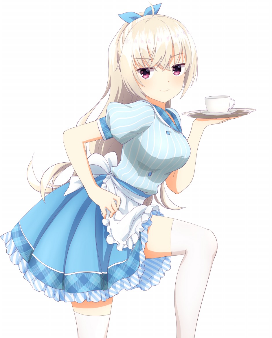 &gt;:) 1girl ahoge akizuki_kanna apron blue_ribbon blue_shirt blue_skirt blush breasts cafe_stella_to_shinigami_no_chou closed_mouth commentary cowboy_shot crossed_bangs cup frilled_skirt frills hair_between_eyes hair_ribbon hand_on_own_hip hand_up holding holding_tray komatsu_(sakanae) large_breasts light_brown_hair long_hair looking_at_viewer official_alternate_costume official_alternate_hairstyle pleated_skirt puffy_short_sleeves puffy_sleeves ribbon shirt short_sleeves simple_background skirt smile smug solo striped_clothes striped_shirt teacup thigh-highs tray v-shaped_eyebrows vertical-striped_clothes vertical-striped_shirt very_long_hair violet_eyes waist_apron waitress white_apron white_background white_thighhighs zettai_ryouiki
