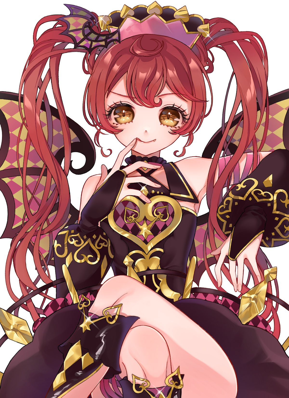 1girl ;q ao_(ao0_0nemu) bare_shoulders black_dress bridal_gauntlets cowboy_shot crossed_legs demon_wings detached_sleeves dress fang finger_to_mouth furrowed_brow gold_trim hand_up highres long_hair looking_at_viewer one_eye_closed pretty_series pripara puffy_detached_sleeves puffy_sleeves redhead shiratama_mikan sidelocks sitting smile solo third-party_source tongue tongue_out twintails very_long_hair wings yellow_eyes