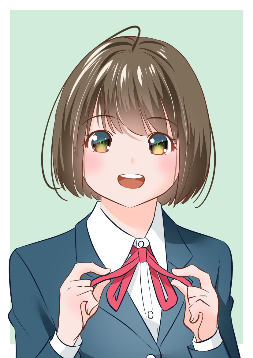 1girl black_eyes blush bow bowtie collared_shirt green_background hair_between_eyes light_brown_hair looking_at_viewer original own_hands_together red_bow red_bowtie school_uniform shirt short_hair smile straight-on suit upper_body white_shirt yamanaka_kouji_(yanchiki2001)