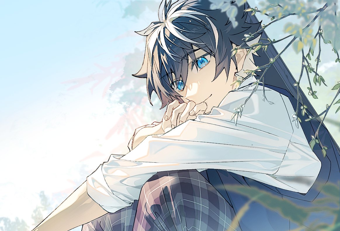 1boy arm_rest black_hair blue_eyes blue_sweater_vest blurry branch bud charlemagne_(fate) checkered_pants closed_mouth depth_of_field fate/grand_order fate_(series) grey_pants hair_between_eyes hand_to_own_mouth hand_up idass_(idass16) knees_up leaf looking_at_viewer male_focus multicolored_hair official_alternate_costume outdoors outstretched_arm pants school_uniform shirt short_hair sitting sleeves_past_elbows sleeves_rolled_up smile solo sweater_vest two-tone_hair white_hair white_shirt
