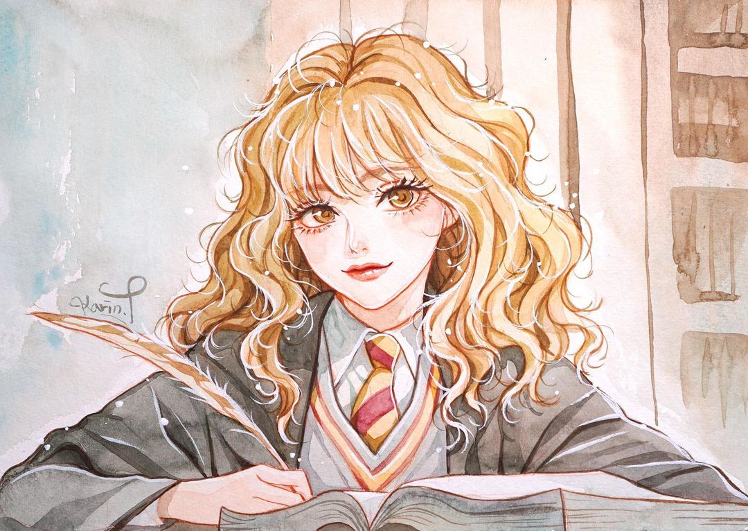 1girl animification artist_name black_coat blonde_hair book coat diagonal-striped_clothes diagonal-striped_necktie eyelashes facing_viewer harry_potter_(series) hermione_granger holding karin_park korean_commentary light_smile long_hair looking_ahead making-of_available medium_hair necktie painting_(medium) school_uniform solo striped_clothes traditional_media watercolor_(medium) wavy_hair wizarding_world