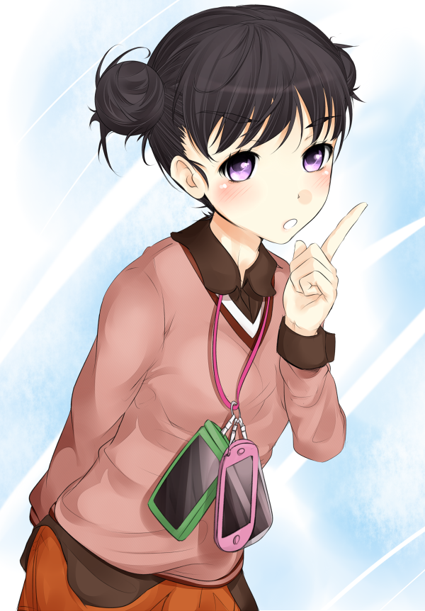 1girl black_hair blue_background blush brown_collar cellphone check_commentary collar commentary commentary_request dot_nose double_bun hair_bun hand_up handheld_game_console index_finger_raised kihara_enshuu long_sleeves looking_at_viewer medium_bangs open_mouth orange_skirt partial_commentary phone pink_sweater shin_(highest1192) short_hair skirt smartphone solo sweater toaru_majutsu_no_index toaru_majutsu_no_index:_new_testament upper_body violet_eyes