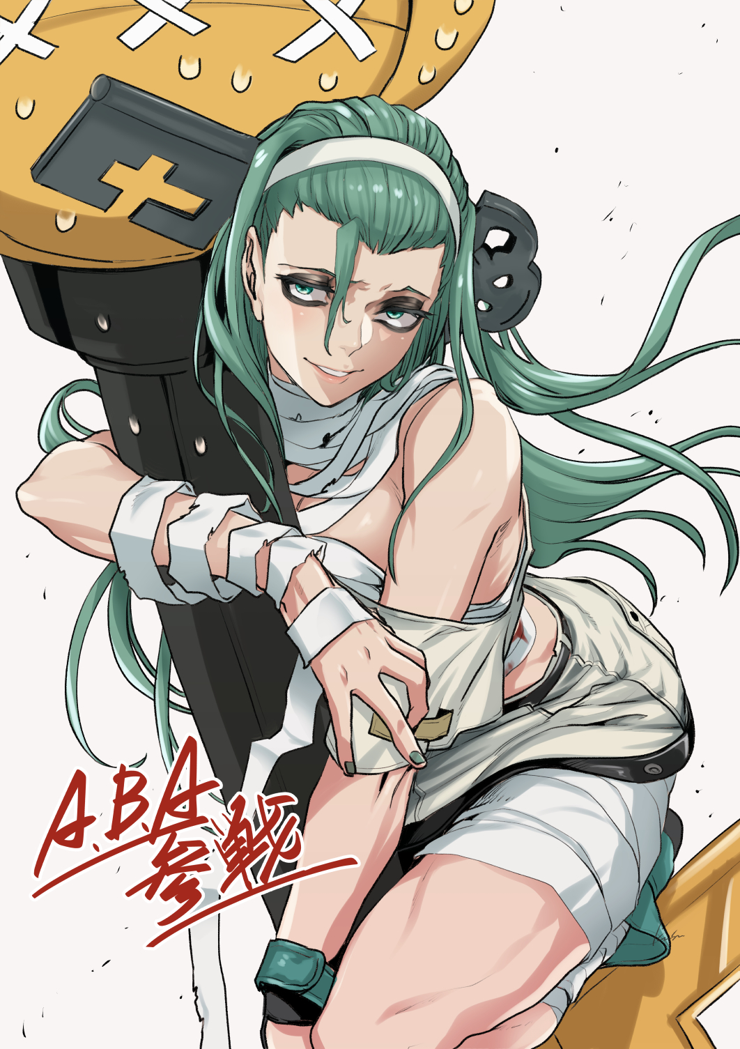1girl a.b.a bags_under_eyes bandages bare_shoulders blood blood_on_bandages fingerless_gloves gloves green_eyes green_hair guilty_gear guilty_gear_strive highres key key_in_head kusu_(moo1225) long_hair looking_at_viewer object_through_head paracelsus short_sleeves single_glove stitched_mouth stitches