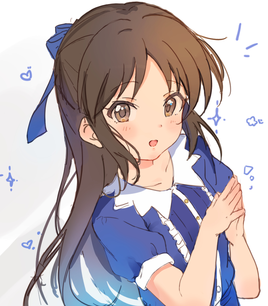 1girl black_hair blue_bow blue_dress blush bow brown_eyes dress hair_bow idolmaster idolmaster_cinderella_girls idolmaster_cinderella_girls_u149 long_hair looking_at_viewer niii open_mouth own_hands_together short_sleeves sketch smile solo tachibana_arisu upper_body white_background