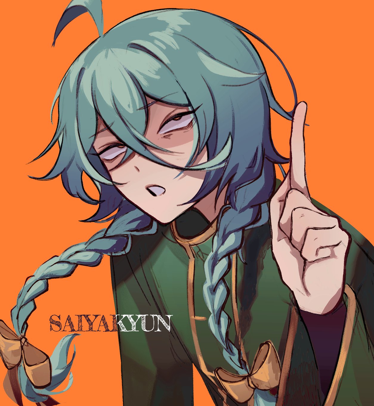 1boy ahoge aqua_hair artist_name ashe_bradley bags_under_eyes bow braid english_commentary green_jacket hair_bow hand_up highres index_finger_raised jacket long_sleeves looking_up male_focus orange_background saiyakyun shaded_face simple_background small_pupils solo teeth twin_braids watermark witch's_heart yellow_bow yellow_eyes yellow_trim