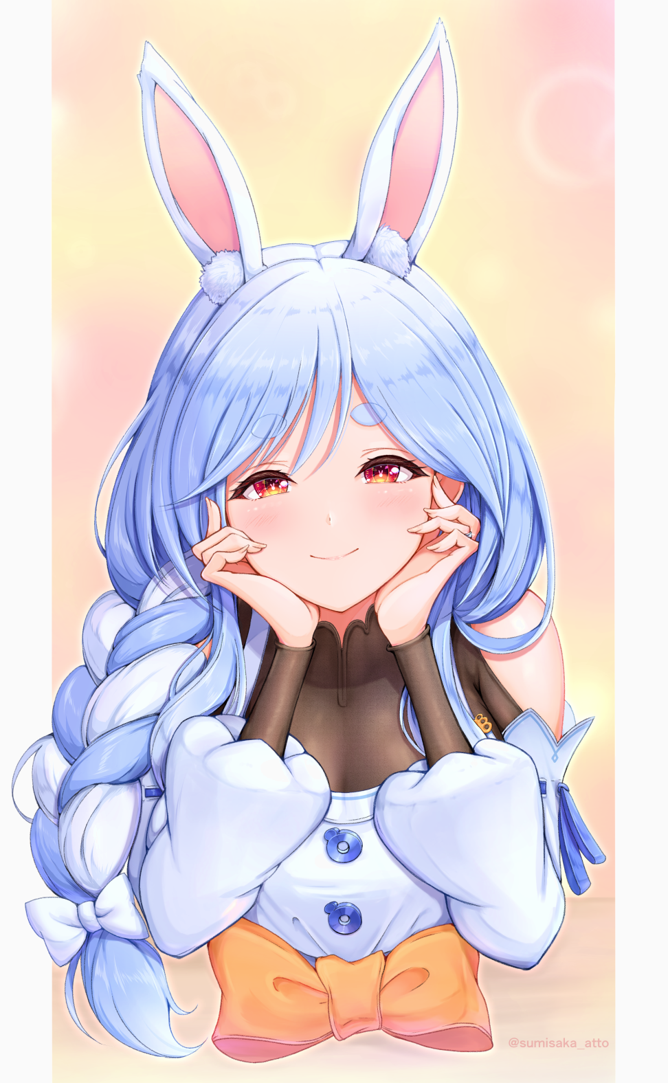 1girl animal_ear_fluff animal_ears blue_hair blush braid braided_ponytail cropped_torso detached_sleeves highres hololive long_hair looking_at_viewer mature_female multicolored_hair napozouattop pekomama rabbit-shaped_pupils rabbit_ears rabbit_girl red_eyes short_eyebrows smile solo symbol-shaped_pupils thick_eyebrows two-tone_hair upper_body virtual_youtuber white_hair