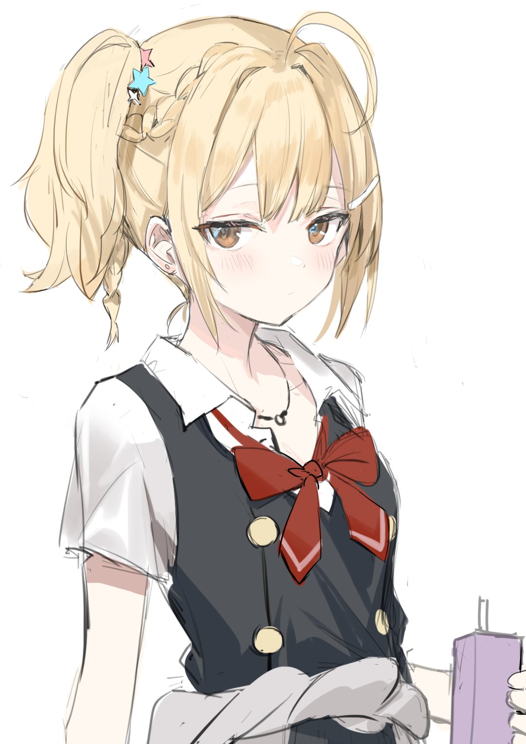 1girl ahoge artist_request black_vest blonde_hair blush bow bowtie braid brown_eyes clothes_around_waist collared_shirt commentary_request french_braid hair_ornament hairclip head_tilt highres holding jewelry looking_at_viewer looking_to_the_side loose_bowtie medium_hair miyamae_nonoa necklace red_bow red_bowtie school_uniform shirt side_ponytail sidelocks sketch solo star_(symbol) star_hair_ornament tokidoki_bosotto_roshia-go_de_dereru_tonari_no_arya-san upper_body vest white_shirt