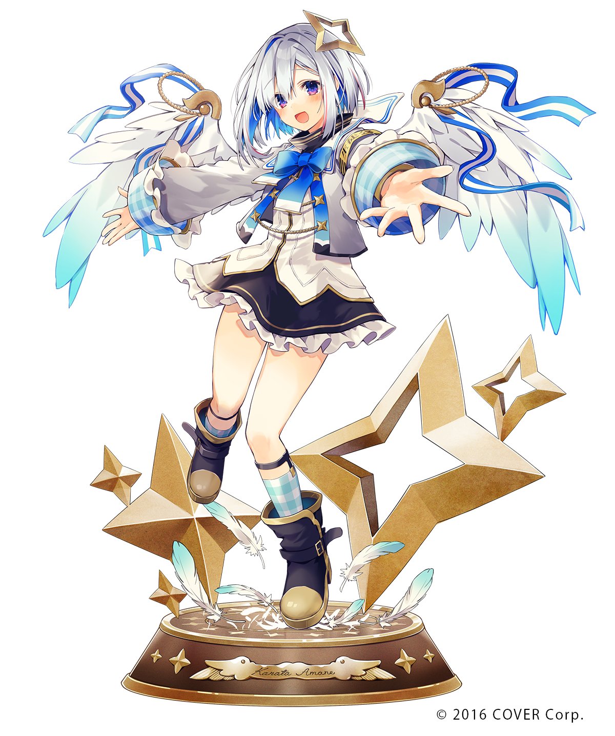 1girl :d amane_kanata amane_kanata_(1st_costume) angel angel_wings armband black_footwear blush boots colored_inner_hair feathered_wings frilled_skirt frills full_body gradient_wings grey_hair halo highres hololive looking_at_viewer multicolored_hair multicolored_wings open_mouth oshio_(dayo) ribbon sailor_collar short_hair skirt smile solo star_halo turtleneck violet_eyes virtual_youtuber white_wings wings