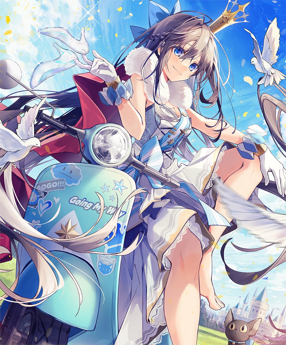 1girl animal barefoot bird blue_bow blue_eyes blue_sky bow brown_hair castle cat closed_mouth crown dove dress feathers frilled_dress frills fur_trim glass_slipper gloves hair_between_eyes hair_bow highres long_hair looking_at_viewer motor_vehicle motorcycle original oshio_(dayo) outdoors sitting sky sleeveless sleeveless_dress smile solo striped_bow very_long_hair white_dress white_gloves