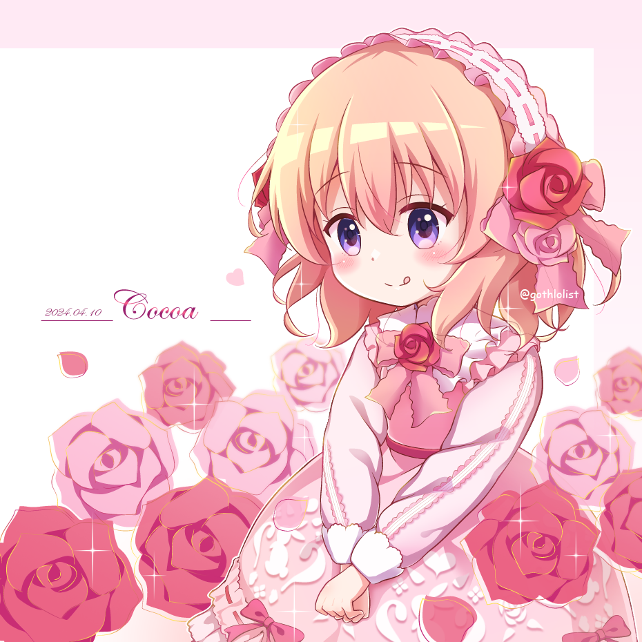 1girl :q blush bow brown_hair character_name closed_mouth commentary_request dated dress flower gochuumon_wa_usagi_desu_ka? goth_risuto hair_between_eyes hoto_cocoa lolita_fashion long_sleeves looking_at_viewer pink_background pink_bow pink_dress pink_flower pink_rose puffy_long_sleeves puffy_sleeves red_flower red_rose rose smile solo tongue tongue_out twitter_username two-tone_background violet_eyes white_background