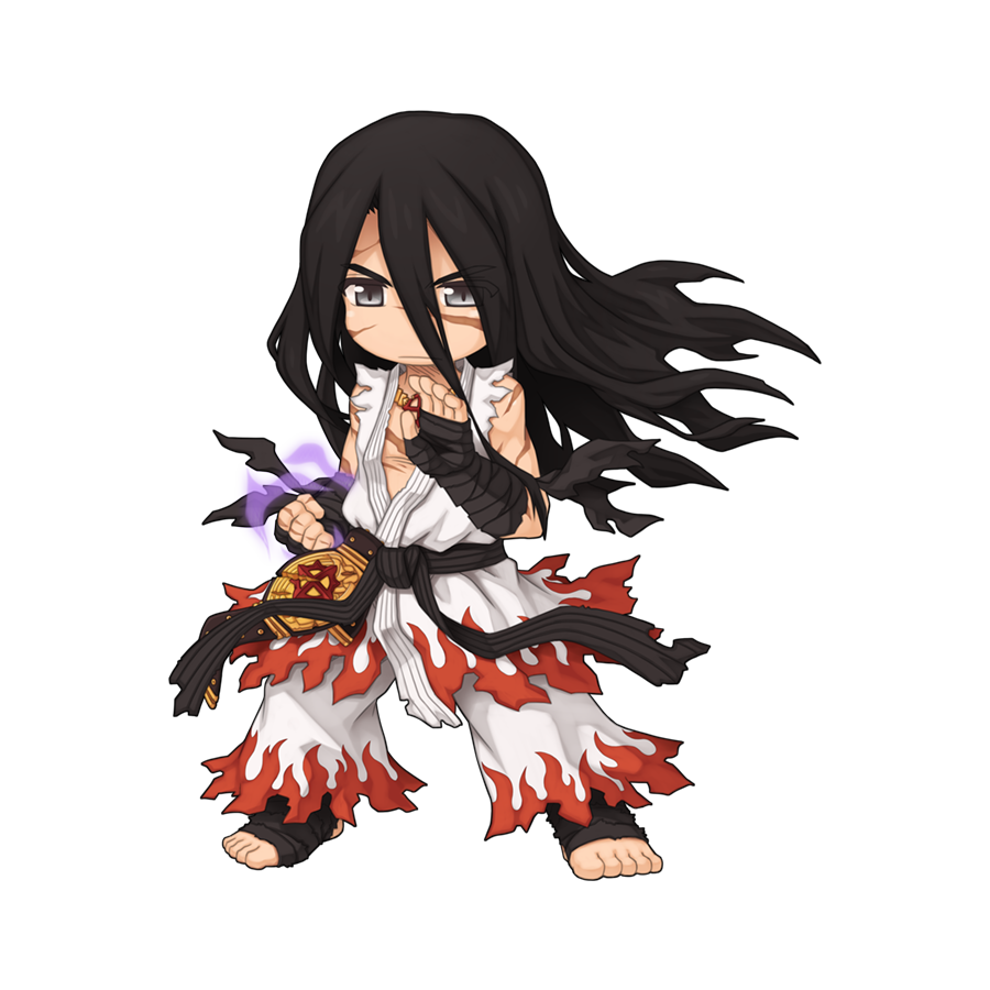 1boy arm_wrap belt black_belt black_hair championship_belt chibi clenched_hand closed_mouth cross cross_necklace cross_of_prontera eyes_visible_through_hair fighting_stance flame_print foot_wraps full_body hair_between_eyes jewelry long_bangs long_hair looking_at_viewer male_focus necklace official_alternate_costume official_art pants ragnarok_online scar scar_on_chest shirt sidelocks simple_background solo standing sura_(ragnarok_online) tachi-e transparent_background v-shaped_eyebrows very_long_hair white_pants white_shirt yuichirou