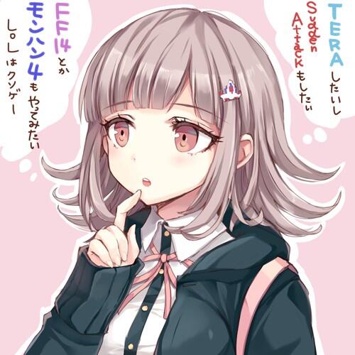1girl :o bag black_jacket breasts collar danganronpa_(series) english_text finger_to_own_chin flipped_hair hair_ornament hairclip hood hooded_jacket jacket large_breasts light_brown_hair long_sleeves looking_to_the_side lowres medium_hair momoko_(momopoco) nanami_chiaki neck_ribbon open_mouth outline pink_background pink_bag pink_ribbon red_eyes ribbon shirt simple_background solo teeth upper_body upper_teeth_only white_collar white_outline white_shirt wing_collar