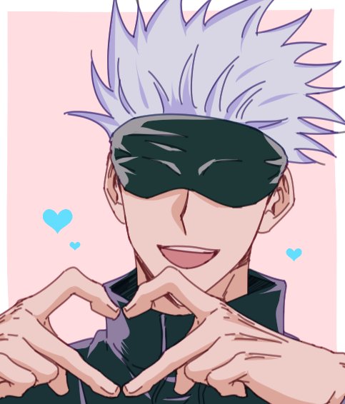 1boy bad_id bad_twitter_id black_jacket blindfold close-up commentary gojou_satoru grey_hair heart heart_hands high_collar jacket jujutsu_kaisen jujutsu_tech_uniform male_focus nackseojang open_mouth pink_background short_hair simple_background smile solo spiky_hair symbol-only_commentary teeth upper_teeth_only white_hair