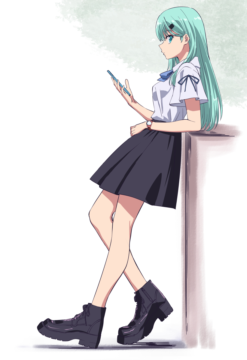 1girl aqua_eyes aqua_hair boots cellphone commentary_request from_side full_body highres holding holding_phone ishii_hisao kantai_collection long_hair looking_at_viewer neck_ribbon phone platform_footwear profile ribbon shirt short_sleeves sideways_glance skirt smartphone solo suzuya_(kancolle) t-shirt watch watch