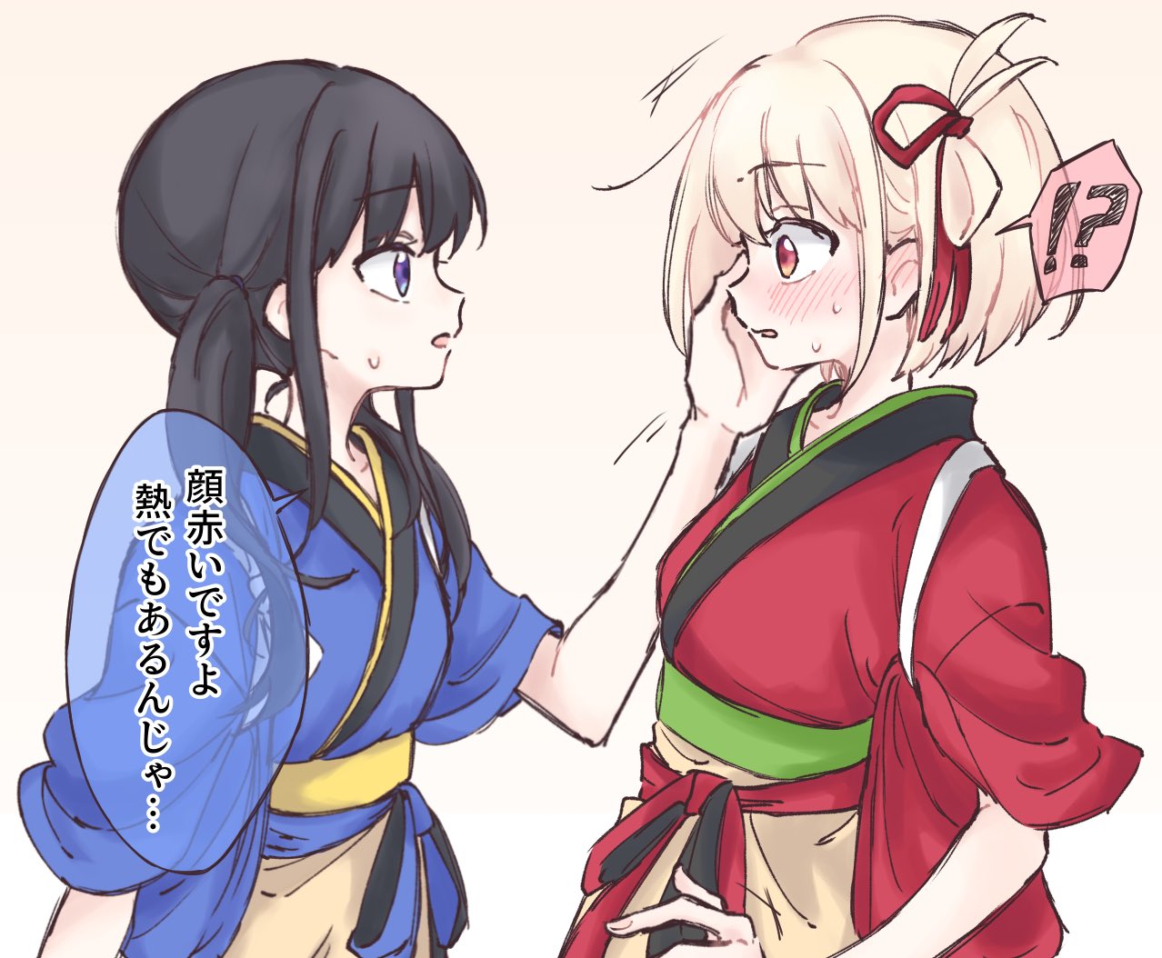 2girls black_hair blonde_hair blue_kimono blush commentary_request eye_contact hair_ribbon hand_on_another's_face inoue_takina japanese_clothes kimono looking_at_another lycoris_recoil medium_hair multiple_girls nishikigi_chisato obi one_side_up open_mouth red_eyes red_kimono red_ribbon ribbon sash short_sleeves speech_bubble sweat sweatdrop syonosuke9573 translation_request twintails upper_body violet_eyes yuri