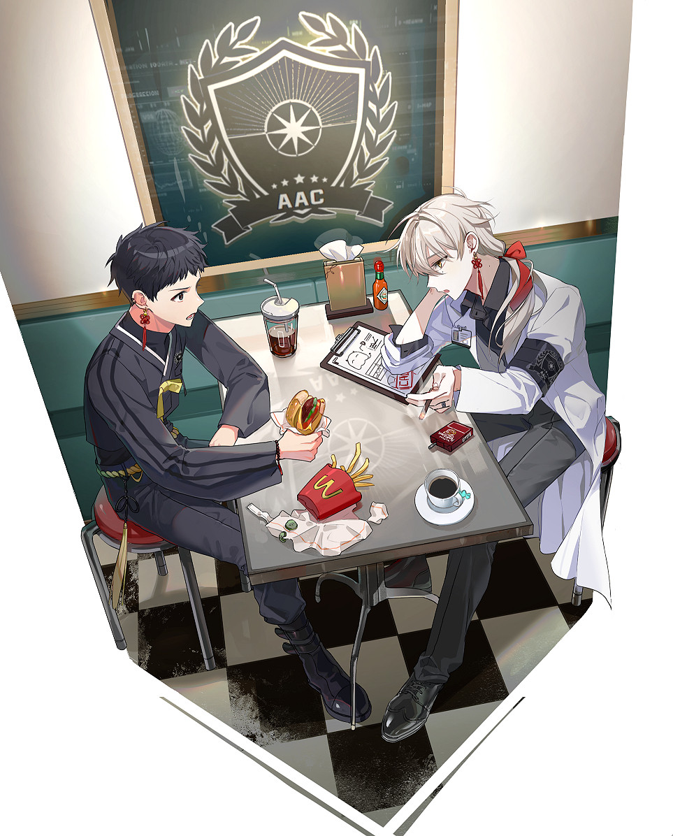 2boys armband bar_stool between_fingers black_hair black_shirt burger checkered_floor cigarette_pack clipboard coat coffee cup drink earrings food grey_hair grey_pants hairband holding holding_food jewelry looking_at_another male_focus mcdonald's mug multiple_boys name_tag napkin_holder original pants ponytail red_hairband shirt short_hair smoking stool tassel tassel_earrings wcdonald's white_coat xing_(gloryxing) yellow_eyes
