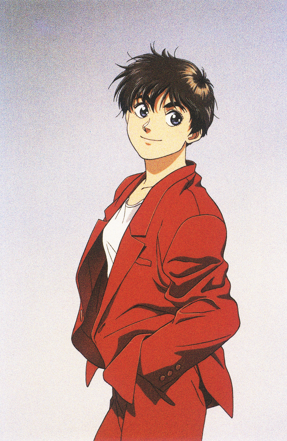 1990s_(style) 1girl artist_request black_eyes buttons gradient_background hands_in_pockets head_tilt highres izumi_noa jacket key_visual kidou_keisatsu_patlabor looking_at_viewer looking_to_the_side official_art promotional_art redhead retro_artstyle scan short_hair suit traditional_media