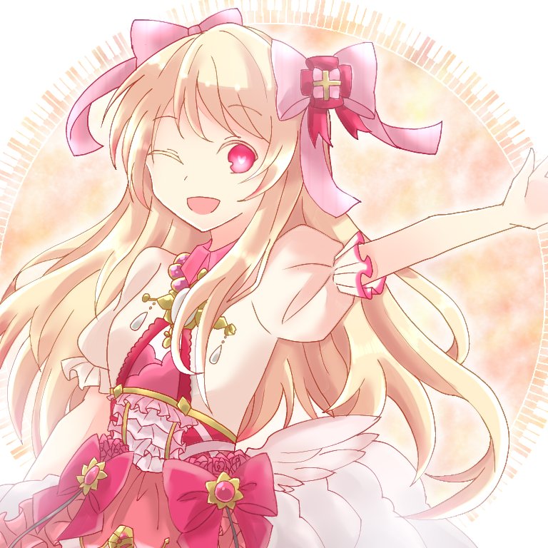 1girl blonde_hair chaos_marie_(grimms_notes) cleavage_cutout clothing_cutout dress frills grimms_notes heart heart-shaped_pupils jewelry long_hair looking_to_the_side mitosei3510 necklace one_eye_closed open_mouth outstretched_arm pendant pink_eyes puffy_short_sleeves puffy_sleeves short_sleeves smile solo symbol-shaped_pupils upper_body wings