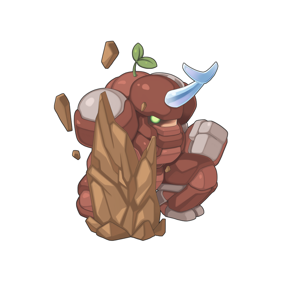 armor blue_horns chibi clenched_hand colored_sclera full_body golem green_sclera horns looking_at_viewer official_art on_one_knee plant_on_head ragnarok_online rock simple_background single_horn solo tera_(ragnarok_online) transparent_background yuichirou