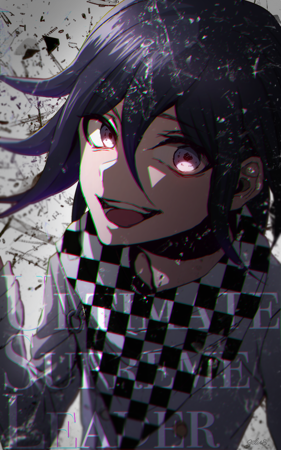 1boy backlighting blurry buttons checkered_clothes checkered_scarf chromatic_aberration danganronpa_(series) danganronpa_v3:_killing_harmony depth_of_field english_text flipped_hair glass hair_between_eyes highres long_sleeves looking_at_viewer male_focus oma_kokichi open_mouth purple_hair scarf short_hair smile solo straitjacket teeth upper_body violet_eyes zerusu_(gelus)