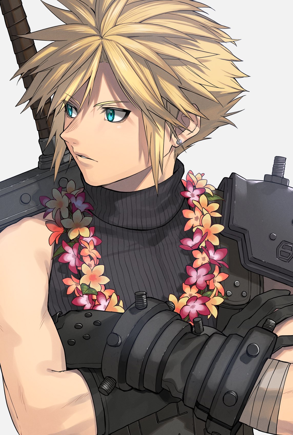 1boy armor black_gloves blonde_hair blue_eyes buster_sword cloud_strife commentary crossed_arms earrings final_fantasy final_fantasy_vii final_fantasy_vii_rebirth final_fantasy_vii_remake flower gloves grey_background highres jewelry kinagi_(3307377) looking_to_the_side male_focus parted_lips ribbed_sweater short_hair shoulder_armor single_bare_shoulder sleeveless sleeveless_turtleneck solo spiky_hair stud_earrings sweater sword sword_on_back turtleneck turtleneck_sweater upper_body weapon weapon_on_back