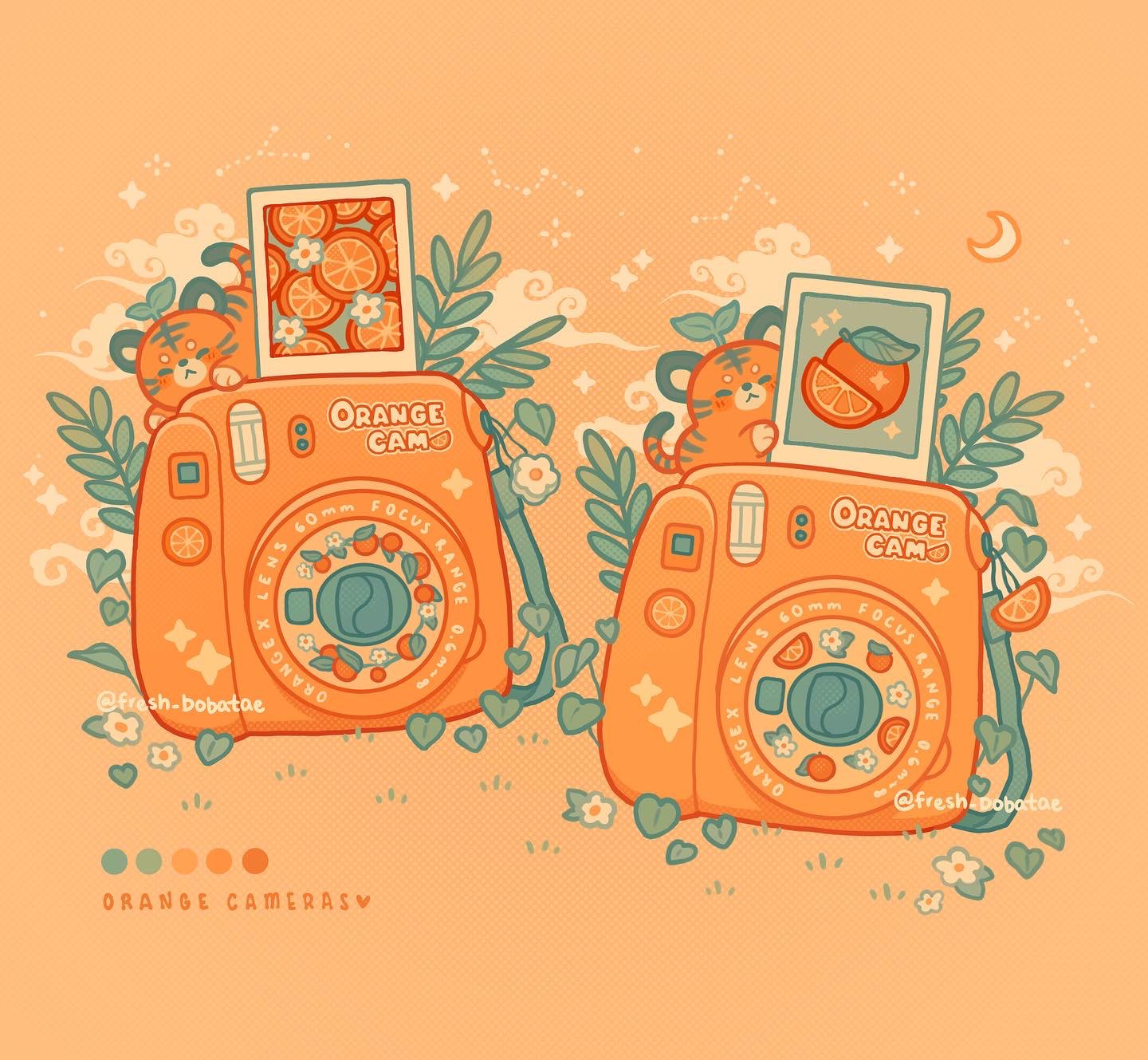 camera charm_(object) clouds color_guide constellation crescent_moon emily_kim food fruit highres leaf minimized moon no_humans orange_(fruit) orange_background orange_blossoms orange_slice orange_theme original pastel_colors polaroid polaroid_camera simple_background sparkle sprout sprout_on_head tiger