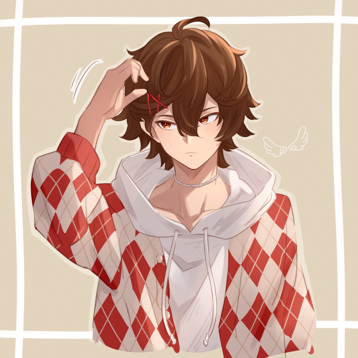 1boy adjusting_hair ahoge bishounen brown_hair choker cowboy_shot doodle_inset drawstring expressionless granblue_fantasy hair_between_eyes hair_ornament hairclip highres hood hood_down jacket light_blush light_frown looking_to_the_side male_focus messy_hair official_art plaid plaid_jacket pochi-a red_eyes sandalphon_(granblue_fantasy) short_hair simple_background solo_focus sweatdrop upper_body wings