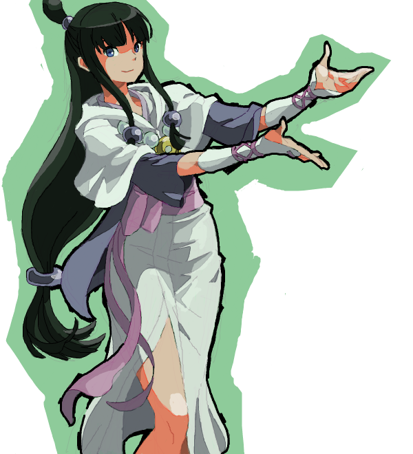 1girl ace_attorney bad_drawr_id bad_id black_hair blue_eyes blunt_bangs bridal_gauntlets closed_mouth dress gloves green_outline hair_ornament half_updo japanese_clothes jewelry kimono kmgr long_hair looking_at_viewer low-tied_long_hair magatama maya_fey necklace oekaki open_hands outline pink_sash purple_sash sash sidelocks simple_background smile solo standing white_background white_dress