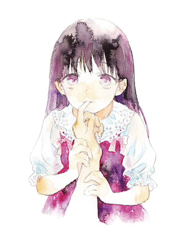 1girl 1other black_hair dress finger_in_another's_mouth hand_on_another's_arm lace-trimmed_collar lace_trim long_hair looking_at_viewer moekon original out_of_frame painting_(medium) pov pov_hands puffy_short_sleeves puffy_sleeves purple_dress purple_hair shirt short_sleeves simple_background solo_focus straight-on traditional_media upper_body violet_eyes watercolor_(medium) white_background white_shirt