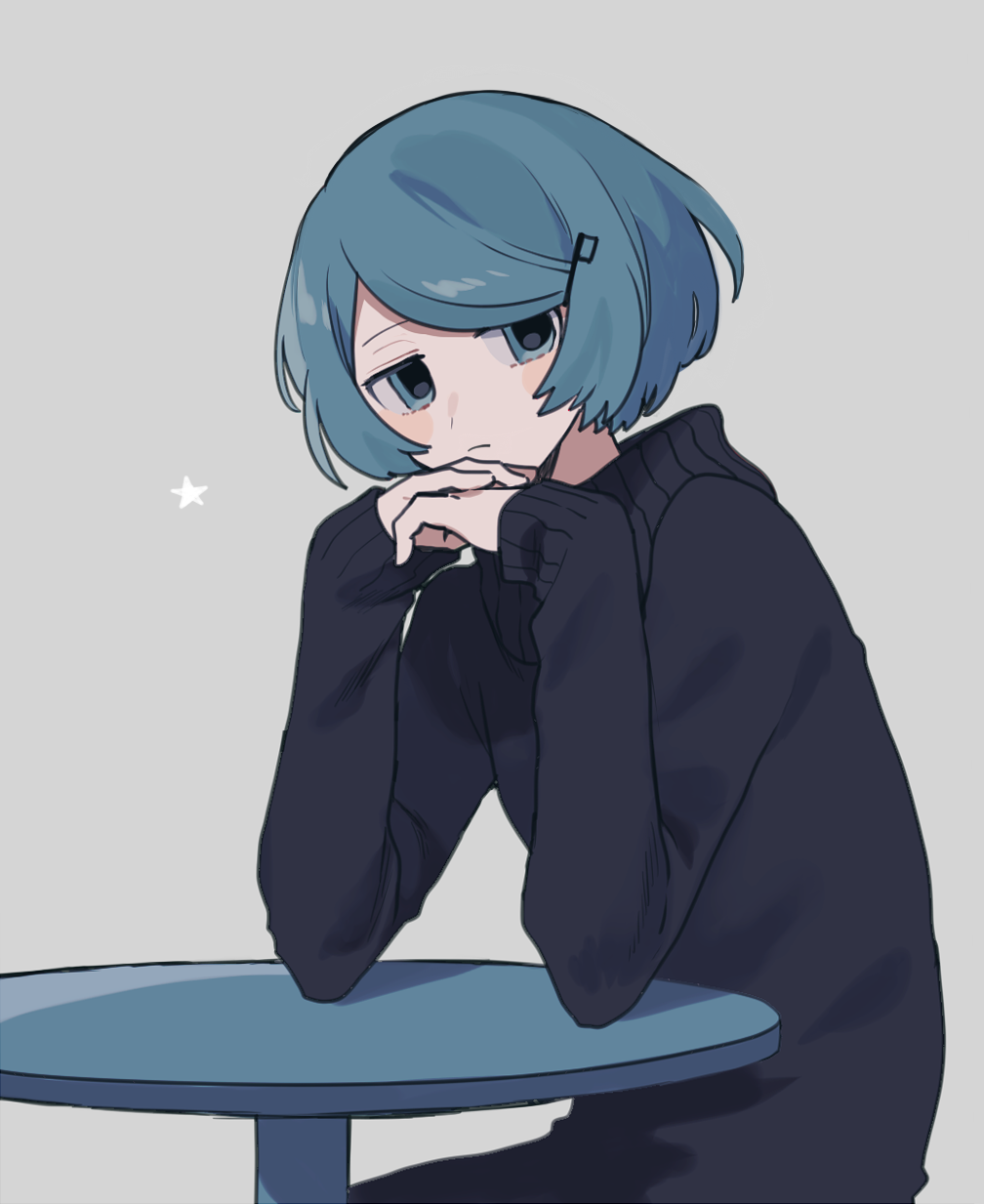 1girl blue_eyes blue_hair blush_stickers elbow_rest frown grey_background hair_ornament highres jitome long_sleeves looking_at_viewer maco22 original own_hands_together short_hair solo star_(symbol) sweater table