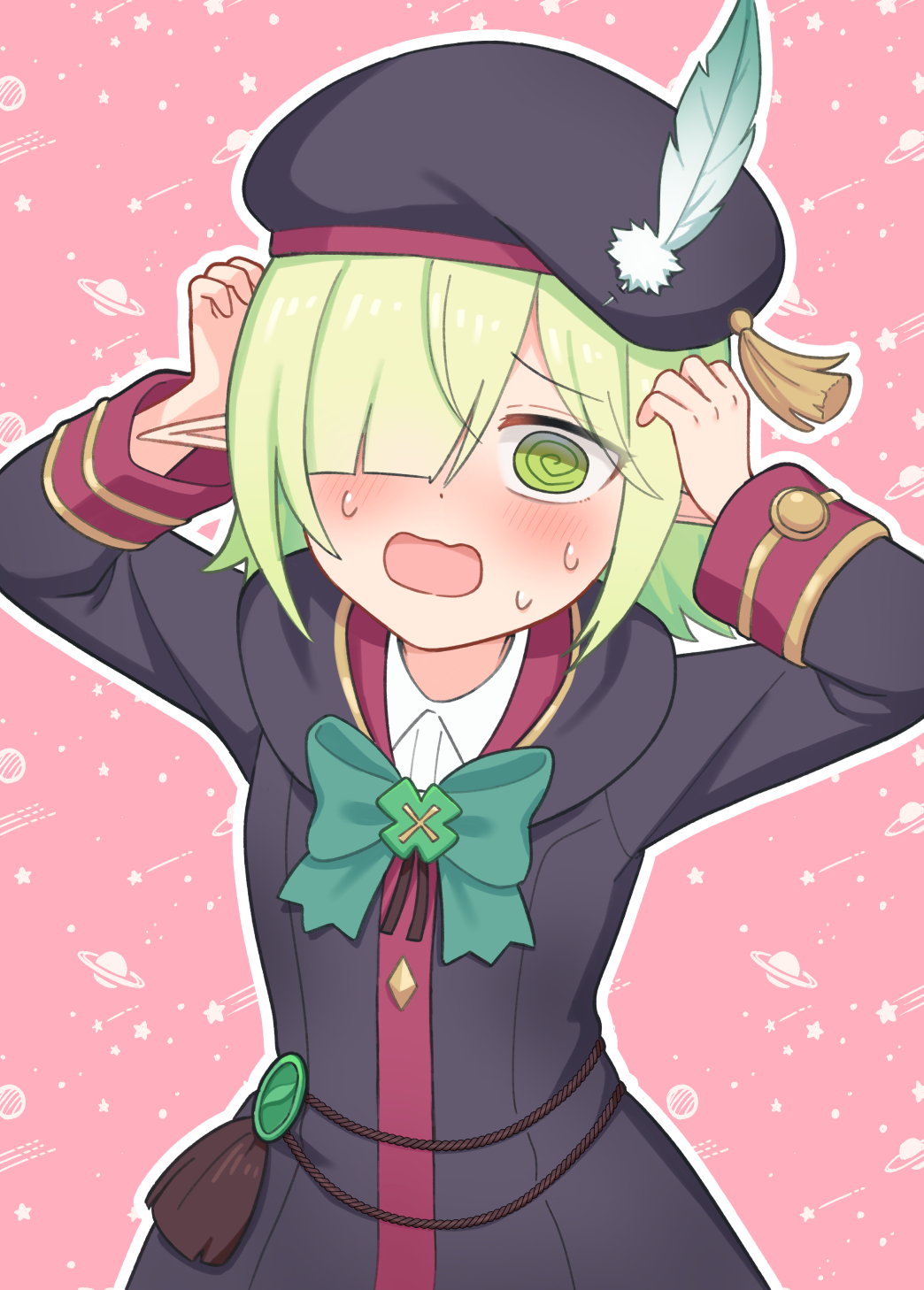 1girl @_@ aoi_(princess_connect!) bag beret black_headwear blush commentary_request green_hair green_ribbon hair_over_one_eye hands_on_own_face hat hat_feather hat_tassel highres nervous_sweating nzmtarou open_mouth outline panicking pink_background planet pointy_ears princess_connect! ribbon school_uniform shooting_star solo st._theresa's_girls_academy_school_uniform star_(symbol) sweat white_outline