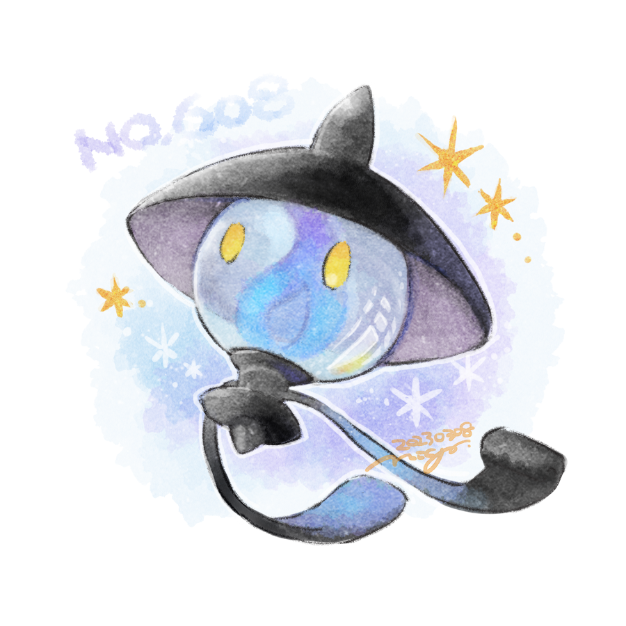 blue_fire dated fire full_body lampent looking_ahead n:go no_humans no_mouth painting_(medium) pokedex_number pokemon pokemon_(creature) signature solid_oval_eyes solo sparkle traditional_media watercolor_(medium) white_background yellow_eyes