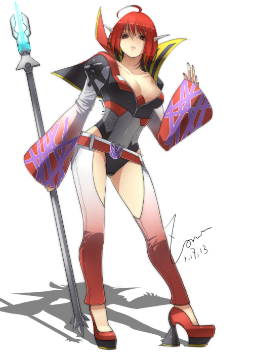 1girl breasts decepticon genderswap high_heels humanization knockout_(transformers) leotard medium_breasts nail_polish red_eyes redhead short_cape short_hair simple_background solo staff transformers white_background zoner