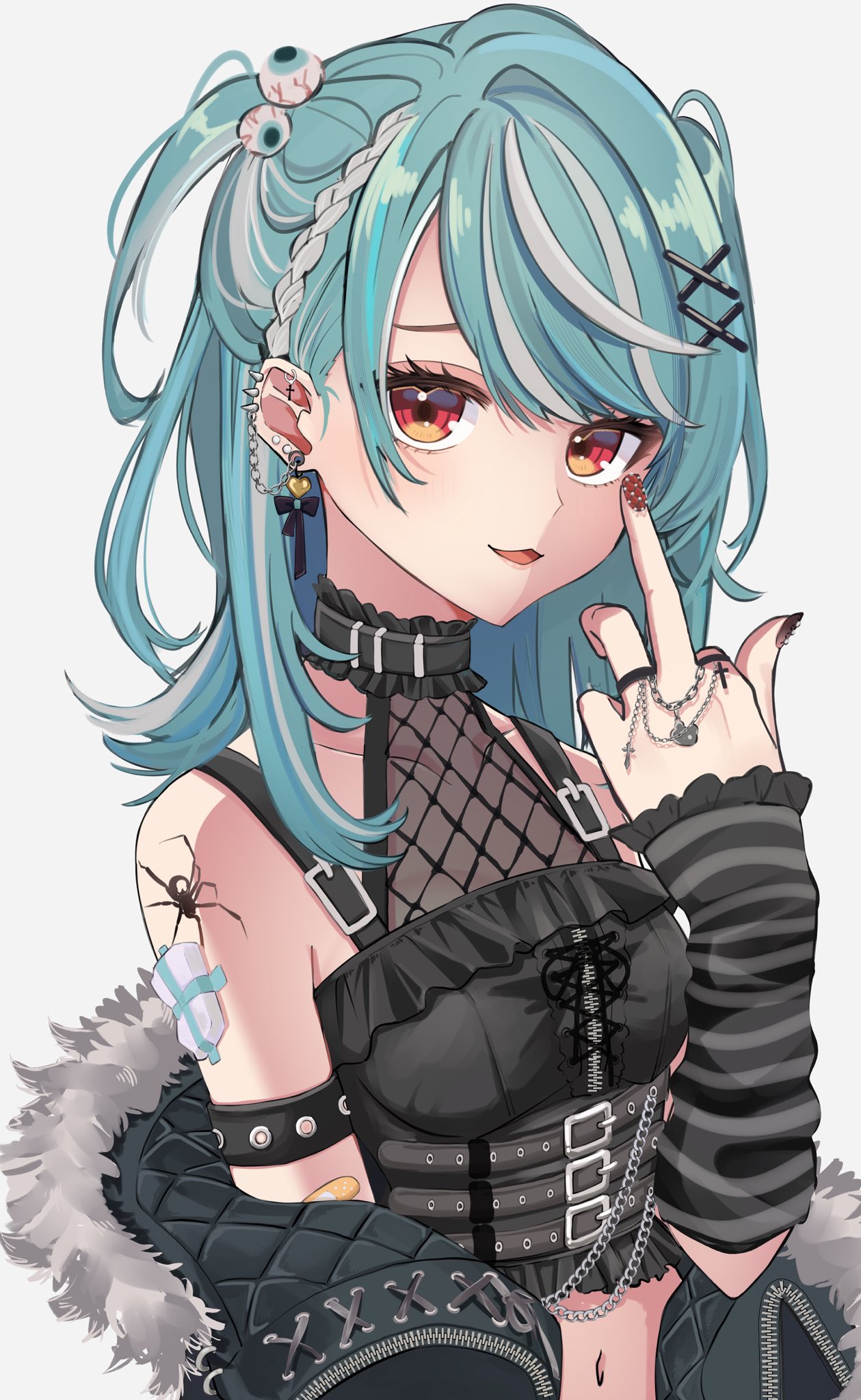 1girl :3 bare_shoulders black_jacket black_shirt black_sleeves blue_hair braid choker detached_sleeves earrings fingernails fur-trimmed_jacket fur_trim hair_ornament hairclip highres jacket jacket_partially_removed jewelry looking_at_viewer middle_finger midriff miyamura_(miyaaaaaq_q) multicolored_hair navel off_shoulder open_mouth orange_eyes ring see-through see-through_shirt shiranami_ramune shirt simple_background sleeves_past_wrists solo streaked_hair tattoo upper_body virtual_youtuber vspo! white_hair