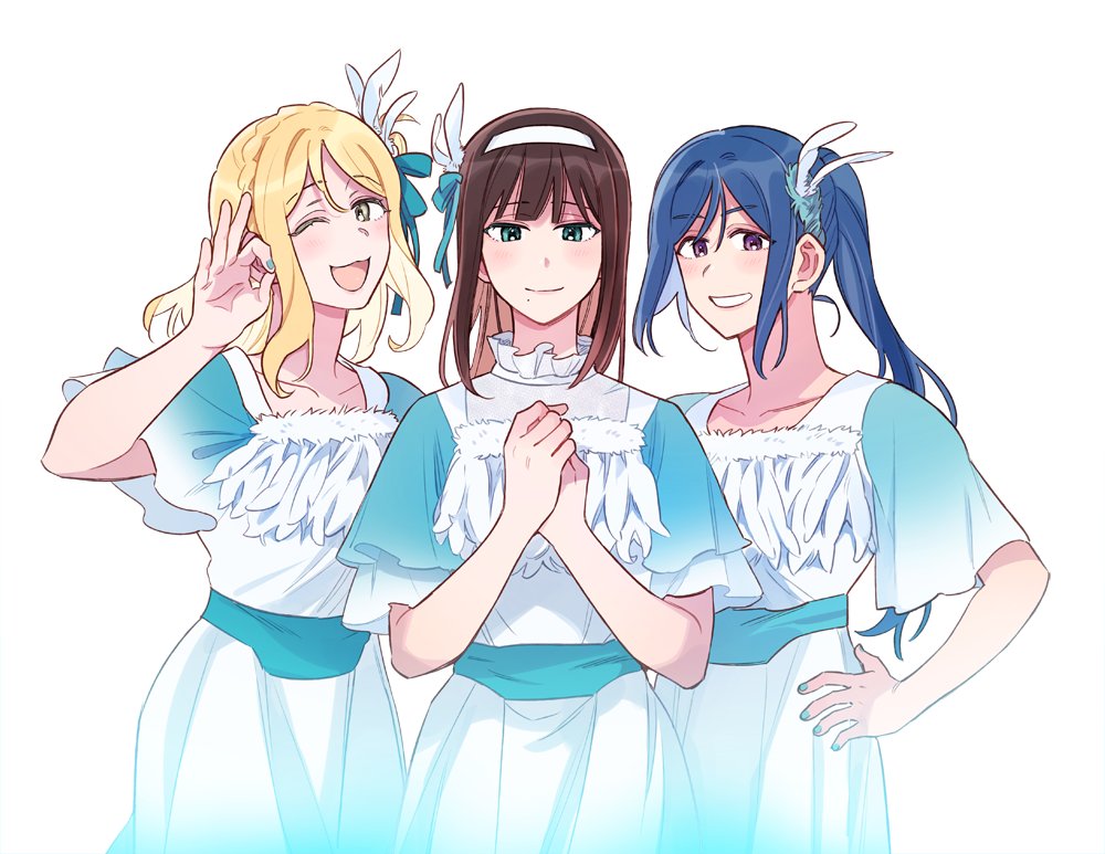 3girls blonde_hair blue_dress blue_eyes blue_hair blue_nails braid brown_hair closed_mouth commentary_request cowboy_shot crown_braid dress feather_hair_ornament feathers green_eyes grin hair_ornament hand_on_own_hip korean_commentary kurosawa_dia long_hair love_live! love_live!_sunshine!! matsuura_kanan medium_hair multiple_girls ohara_mari ok_sign one_eye_closed open_mouth own_hands_together pito_(sh02327) ponytail short_sleeves simple_background smile violet_eyes white_background