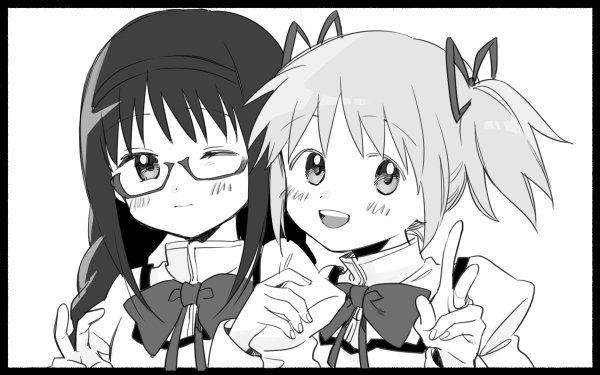 2girls akemi_homura black_border blush_stickers border bow bowtie braid collared_shirt commentary_request fingernails glasses greyscale hair_ornament hair_ribbon hairclip hand_on_another's_shoulder hand_up high_collar jewelry juliet_sleeves kaname_madoka light_smile locked_arms long_hair long_sleeves looking_at_viewer low_twin_braids mahou_shoujo_madoka_magica mahou_shoujo_madoka_magica_(anime) mitakihara_school_uniform monochrome multiple_girls no+bi= one_eye_closed open_mouth puffy_sleeves ribbon ring school_uniform shirt short_hair short_twintails simple_background smile teeth twin_braids twintails upper_body upper_teeth_only v white_background