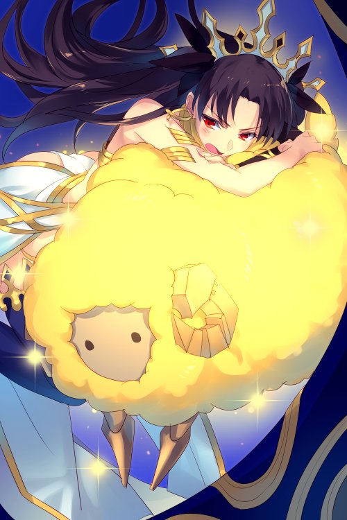 1girl armlet bare_shoulders black_hair black_thighhighs detached_sleeves dumuzid_(fate) earrings echo_(circa) fate/grand_order fate_(series) gold_trim hair_ribbon heavenly_boat_maanna hoop_earrings ishtar_(fate) jewelry long_hair looking_at_viewer neck_ring open_mouth parted_bangs red_eyes ribbon sheep single_detached_sleeve single_thighhigh skirt thigh-highs thighlet tiara two_side_up weapon white_skirt