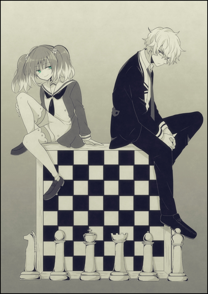 1boy 1girl aqua_eyes black_footwear black_jacket black_pants blue_eyes board_game chess chess_piece frown grey_background hiiragi_nana jacket looking_at_another looking_to_the_side monochrome munou_na_nana onodera_kyouya own_hands_together pants short_hair sitting sitting_on_object smile thigh-highs twintails white_thighhighs yukisa